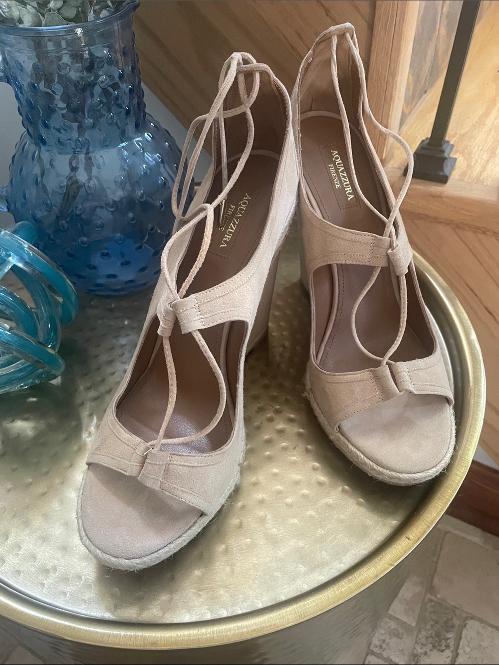 Aquazzura Nude Beige Lace-Up Espadrille Wedge Sandals Size 42 11